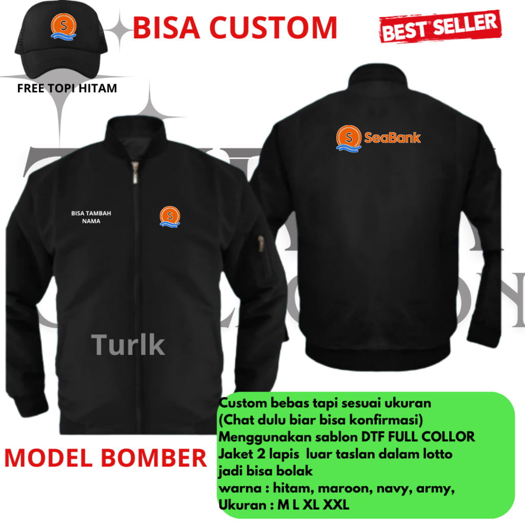 Jaket Seabank Jaket Bomber Bank Seabank Free Topi Hitam