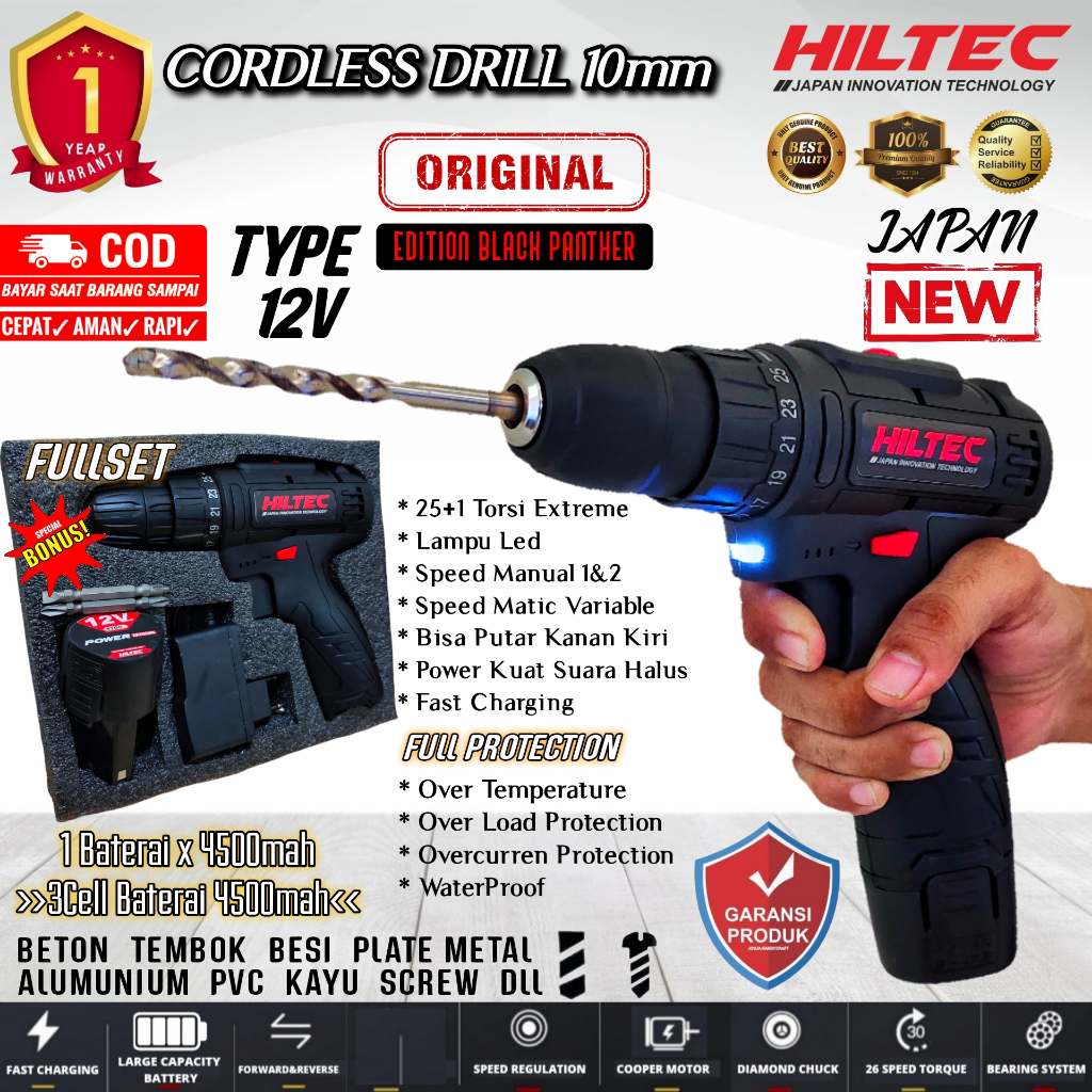 Cordless Drill Mesin Bor Battrey Batrei HILTEC 12V RS 1 Battrey 10mm 4500MAH TERINGAN PRAKTIS