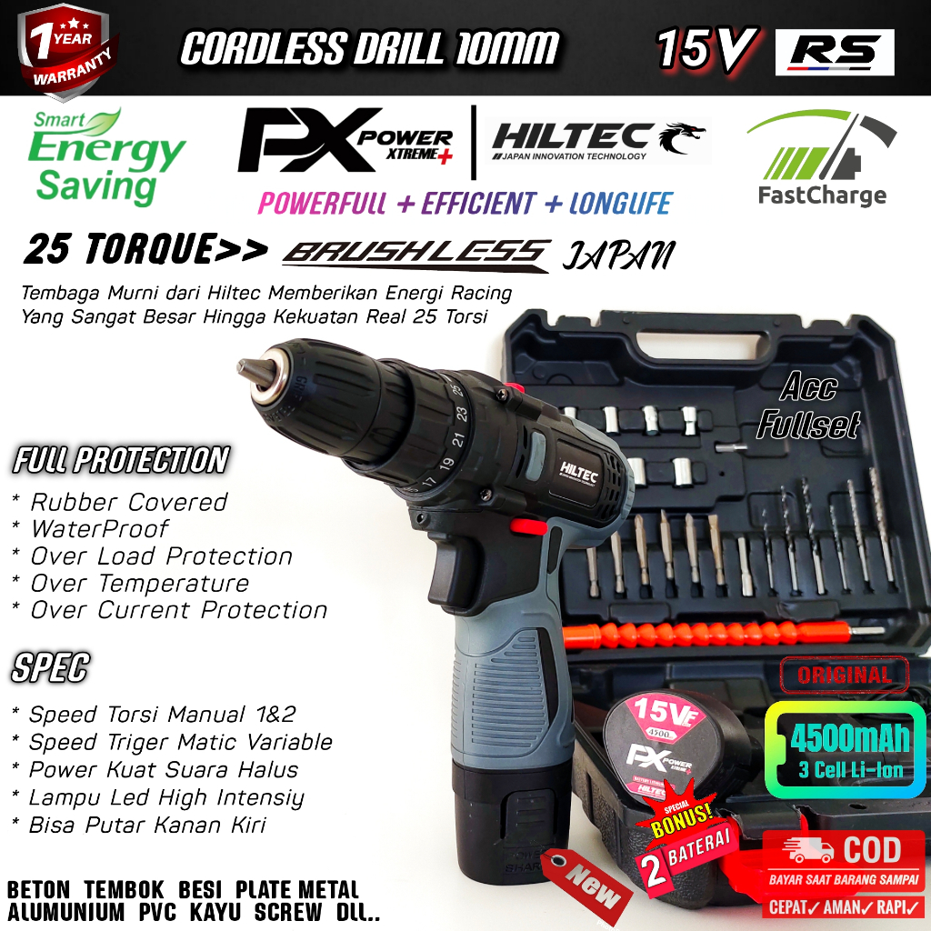 Cordless Drill Impact Screw Mesin Bor Battrey Batrei HILTEC 15V RS Grey 10mm 4500MAH 25 Torque Torsi