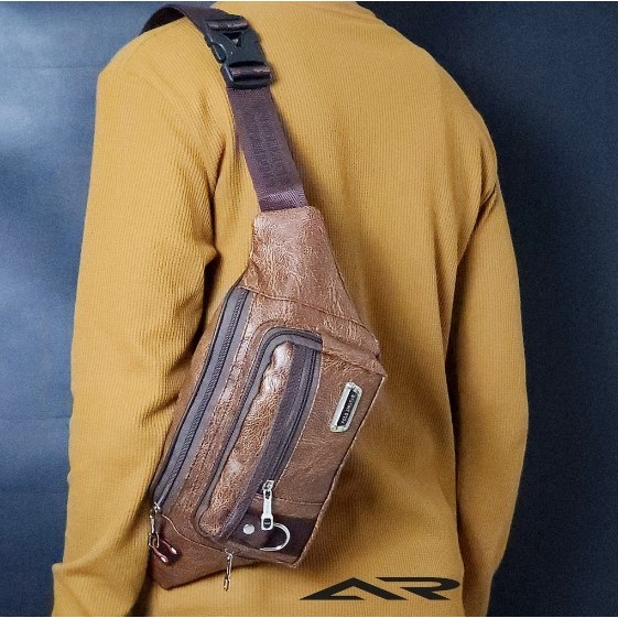TAS SELEMPANG KULIT PRIA JORGI WAISHBAG KULIT PU LEATHER ANTI AIR MUAT DOMPET DAN HP