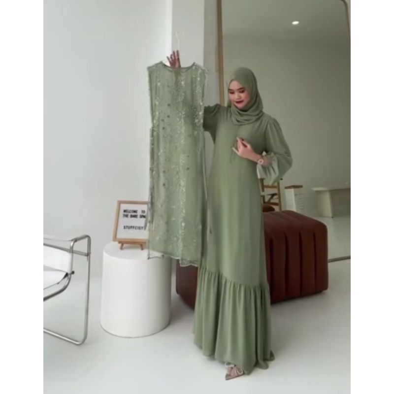 Gamis Satin Kombinasi Brokat Set Jilbab Premium