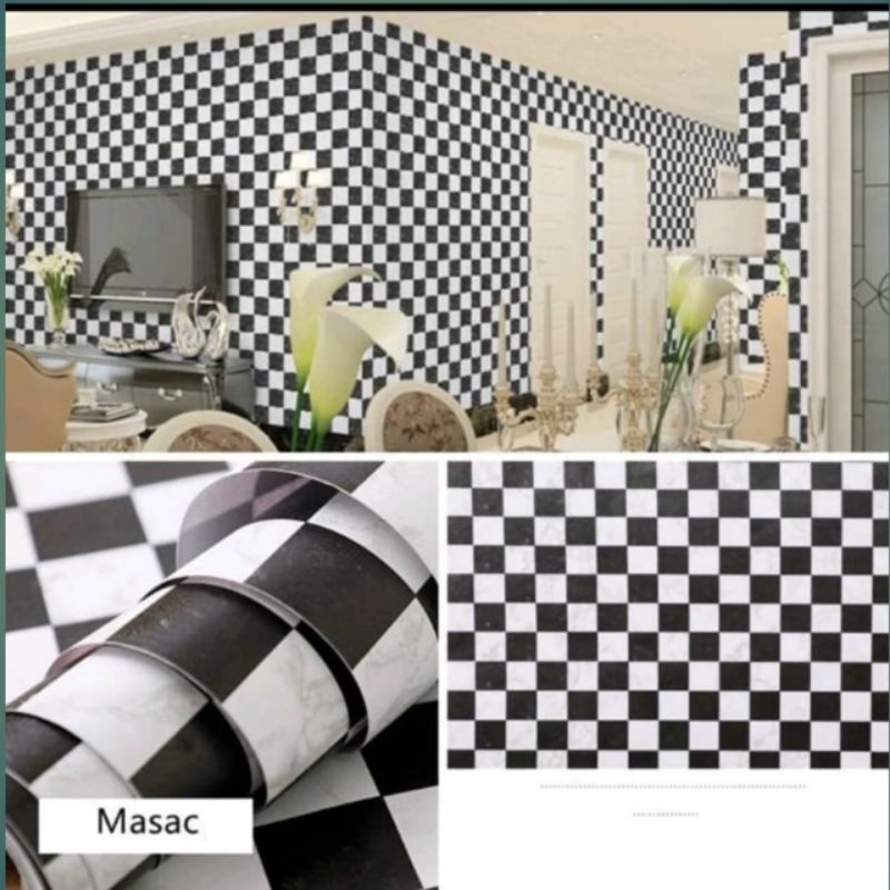 Wallpaper Sticker Dinding Motif Kotak Hitam Putih Catur