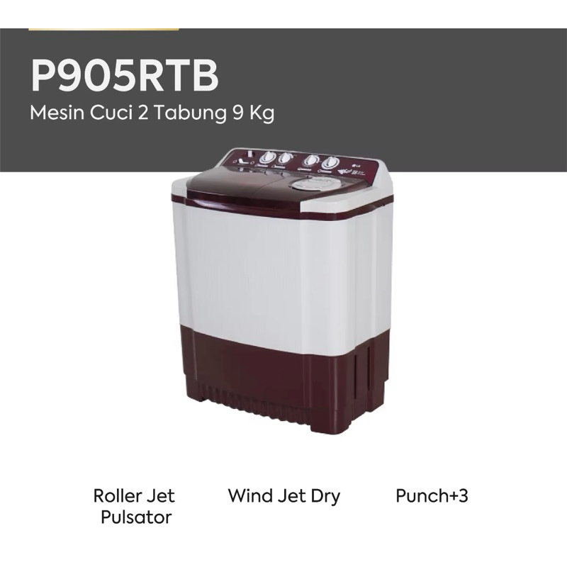 LG Mesin Cuci Bekas 9kg, 2 Tabung - Burgundy (P905RTB)