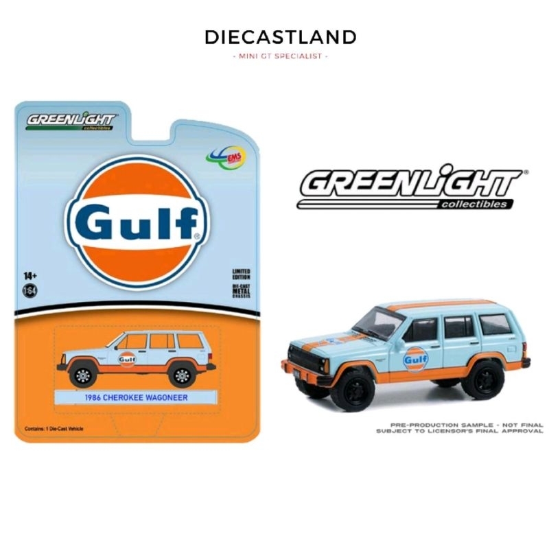 Greenlight 1/64 1986 Jeep Cherokee Wagoneer GULF Liver Indonesia Exclusive GL #51523 Light Blue /Ora