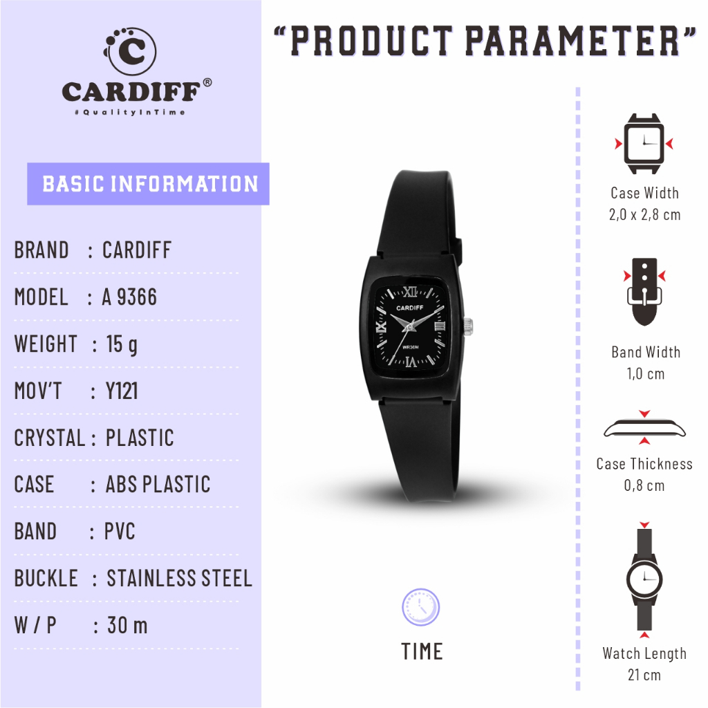 CARDIFF Jam Tangan Analog Karet 9366 (Tanpa Tanggal) | Tahan Air | 3ATM