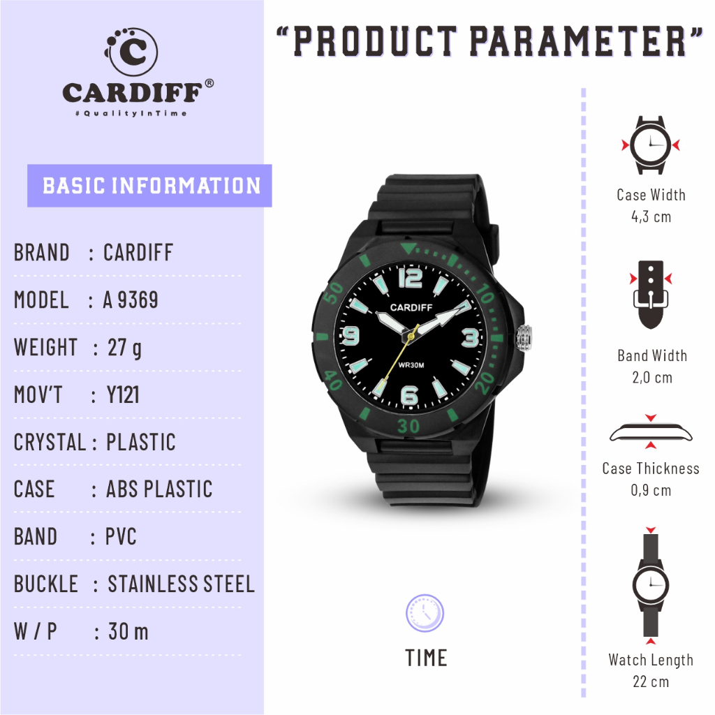 CARDIFF Jam Tangan  Analog Karet 9369 (Tanpa Tanggal) | Tahan Air | 3ATM