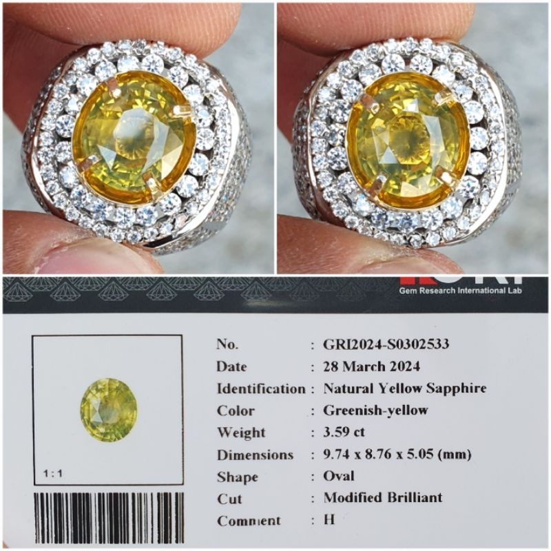 Natural Yellow Sapphire 3.59 ct Greenish-Yellow cincin perak memo GRI