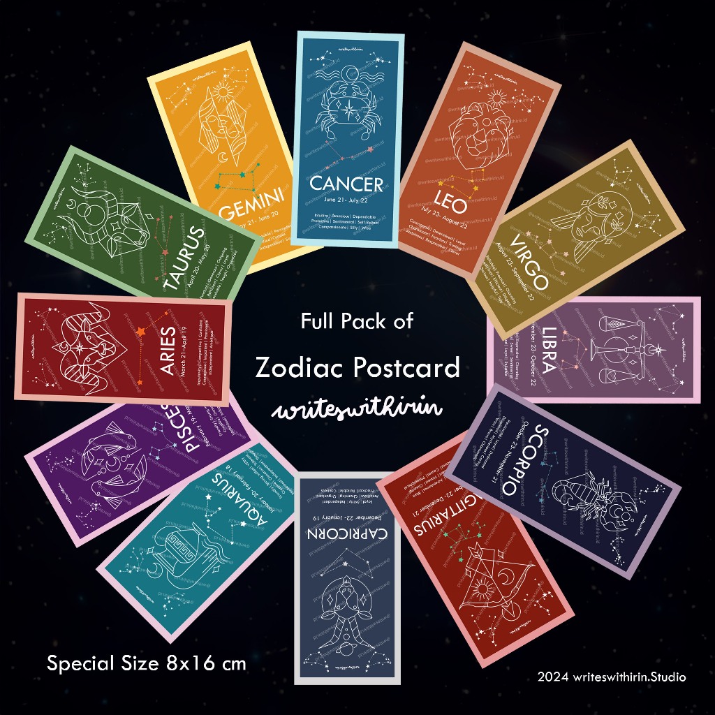 

(writeswithirin) Zodiac Postcard Set, Tarot Shaped Kartu Pos/ Poskad/ Kartupos/ Post Card