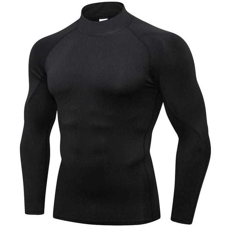 Baselayer Lengan Panjang Thumbhole Manset Olahraga Pria Kerah Tinggi