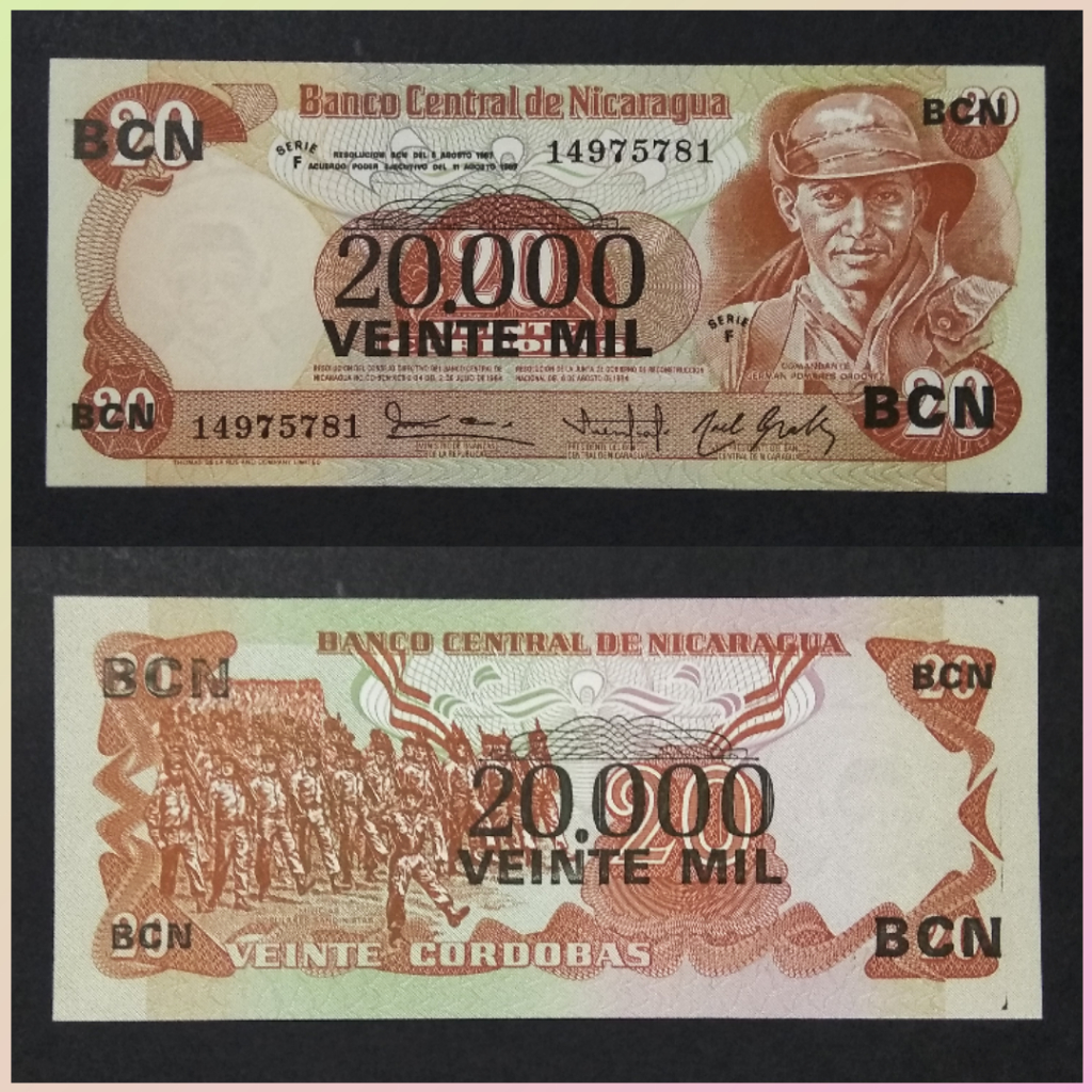 Uang Nicaragua 20000 Cordobas 1987 Overprinted
