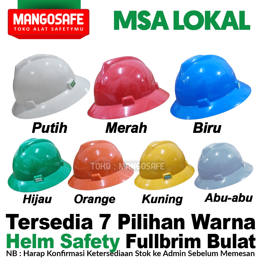Helm Safety Proyek MSA Lokal Bulat Full Brim warna Putih Kuning Biru Merah Orange Hijau Abu merek + 