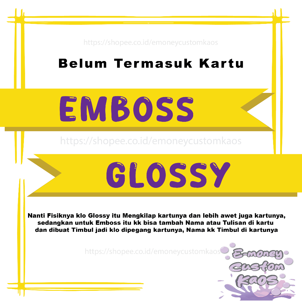 Tambahan Cetak GLOSSY / EMBOSS Nama / Tulisan untuk Kartu Emoney / PVC ( BELUM TERMASUK KARTU )