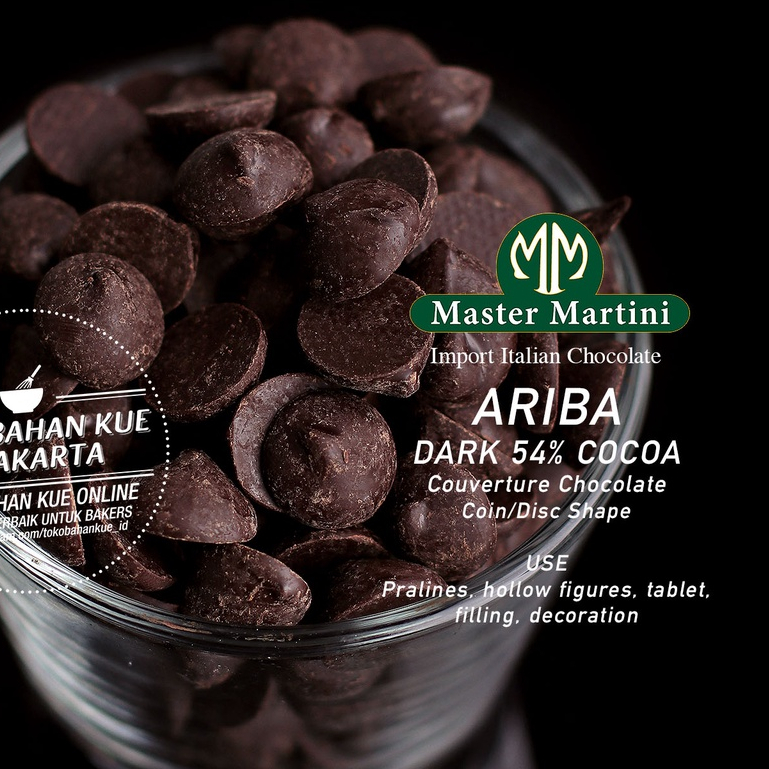 

Master Martini Ariba 54% 1kg Repack Dark Chocolate Couverture Coklat Koin Cokelat Baking
