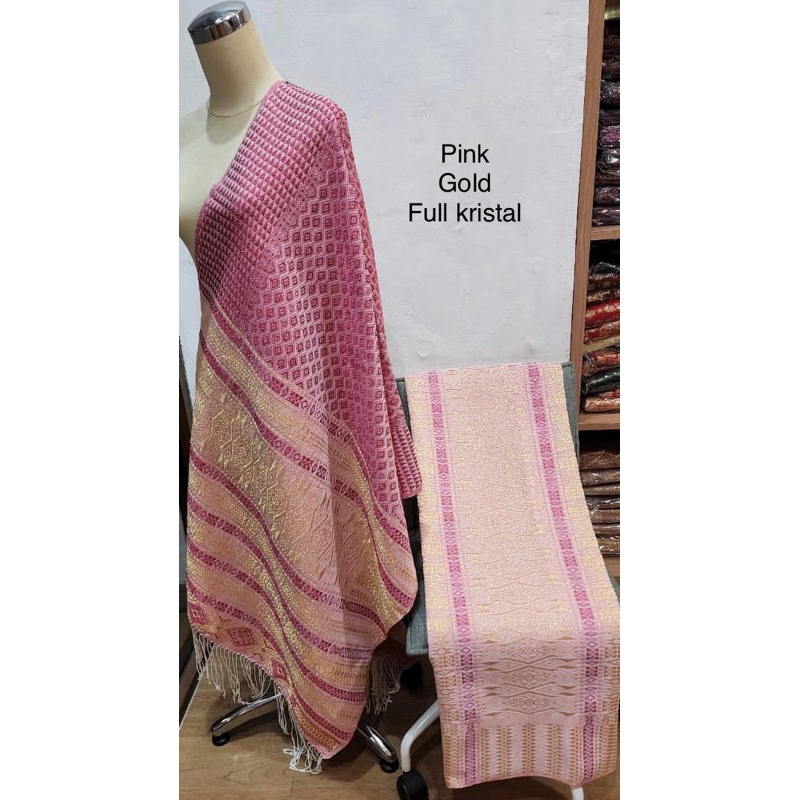 Songket Medan Tumtuman Tarutung Tanpa Sambungan Warna Pink Gold Full Kristal