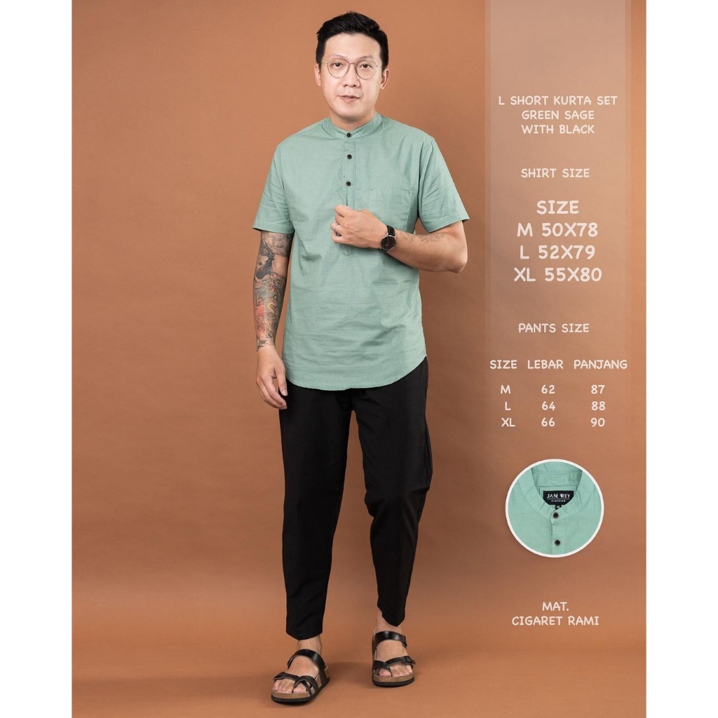 AV139 Short Sleeve Set Kurta Modern Green Sage Cotton Rami M-XXXL | Kurta Pakistan Pria Sage Green