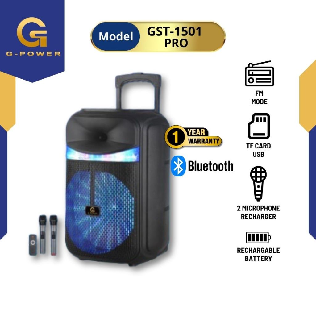 G-POWER PORTABLE BATTERY SPEAKER BLUETOOTH GST-1501 PRO 15INCH EXTRA BASS FREE 2 MICROPHONE WIRELESS ORIGINAL