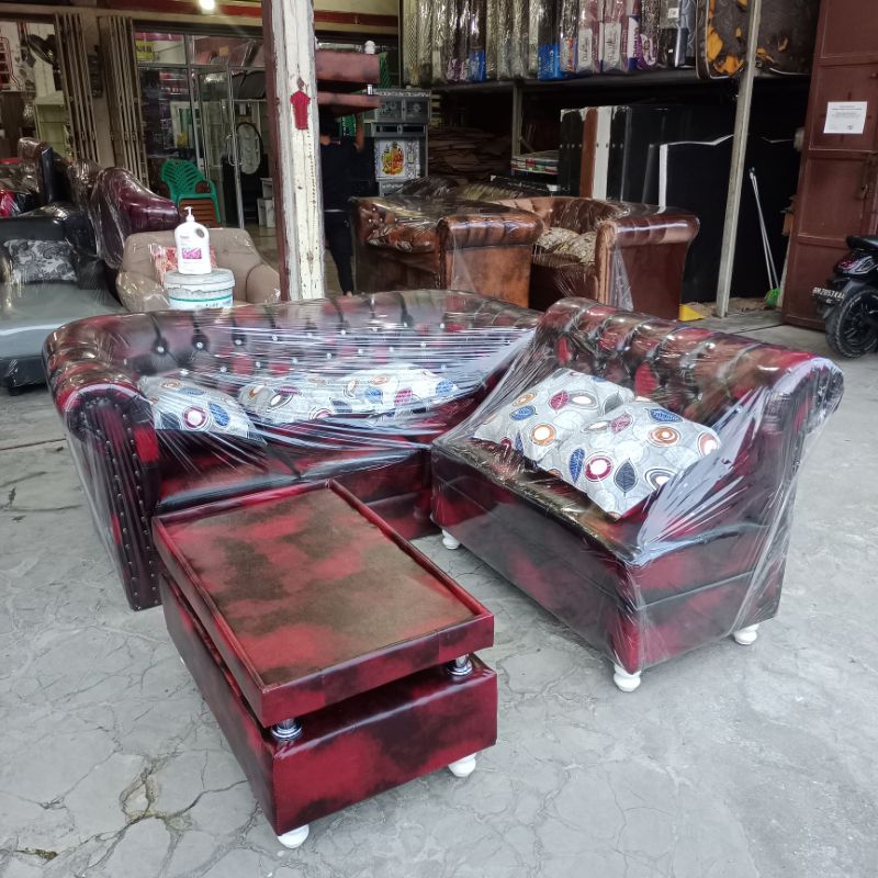 SOFA L MINIMALIS KULIT MARUN