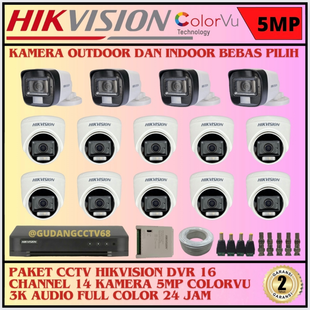 Paket CCTV HIKVISION 16 Channel 14 Camera HIKVISION 5MP Colorvu 3K Full Colour AUDIO SERIES Komplit