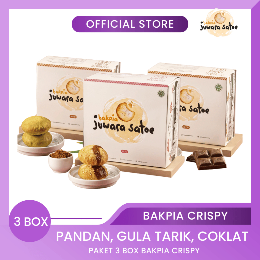 

BAKPIA JUWARA SATOE [ 3 Box ] Paket Bakpia Crispy (Pandan, Gula Tarik, Coklat) - Oleh Oleh Khas Jogja