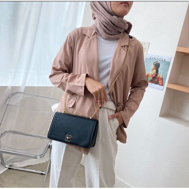 Tas Selempang / Tas Pundak / Woman Sling Bag / Tas Wanita 2in1 Merk Enji Bag Tas Elegant Black Tali 