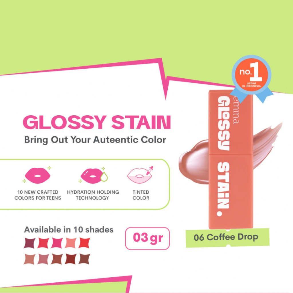 Emina Glossy Stain Shade Warna 06 Coffee Drop Melty Gel Lip Tint Gloss Glow Finish Tahan Lama Lembab