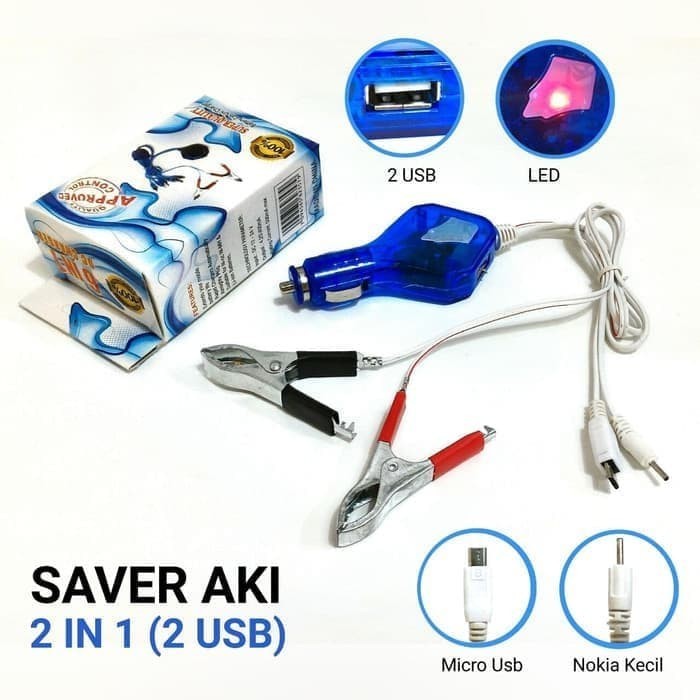 CHARGER MOBIL 2 IN 1 TC / SAVER AKI 2 IN 1 LED + 2 USB CHARGER CASAN MOBIL