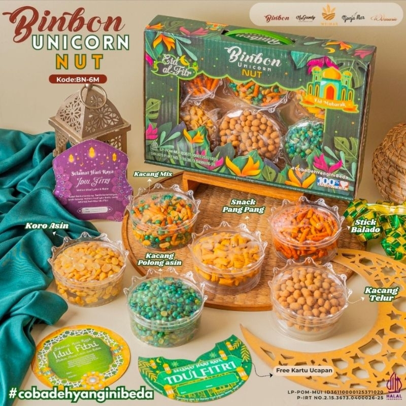 

Binbon unicorn nut, paket hampers idul fitri isi 6 toples kacang free kartu ucapan idul fitri