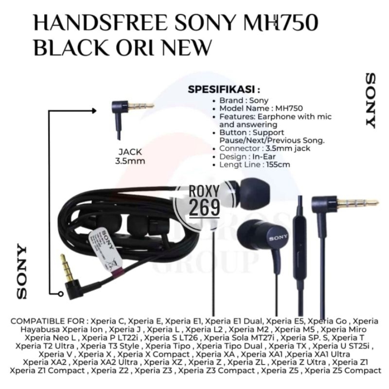 HF Headset Earphone Hedset Sony Xperia Experia MH750 MH 750 Bass Bas Megabass Ori Original New Z1 Z2