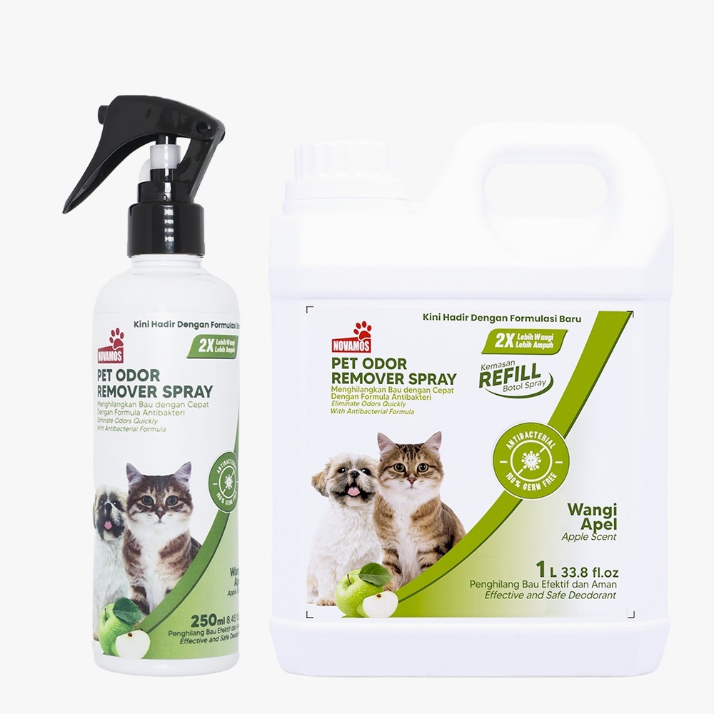 NOVAMOS Paket Odor Remover 250 ML + Refil 1 L - Penghilang Bau Kotoran Kucing dan Anjing Pet Odor Remover Spray Parfum Pewangi Pengharum Pasir Kucing Penghilang Bau Pesing Kandang Kucing