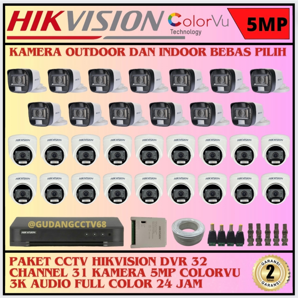 PAKET CCTV HIKVISION DVR 32 CHANNEL 31 KAMERA HIKVISION 5MP FULL COLOUR 3K COLORVU AUDIO SERIES