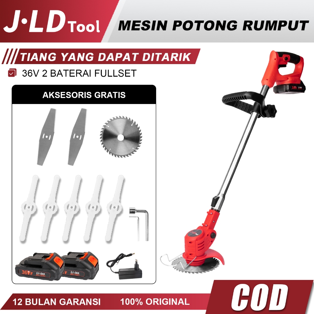 JLD Mesin Babat Potong Rumput Baterai Cordless Adjustable Length String Trimmer Weed Wacker Alat Pem