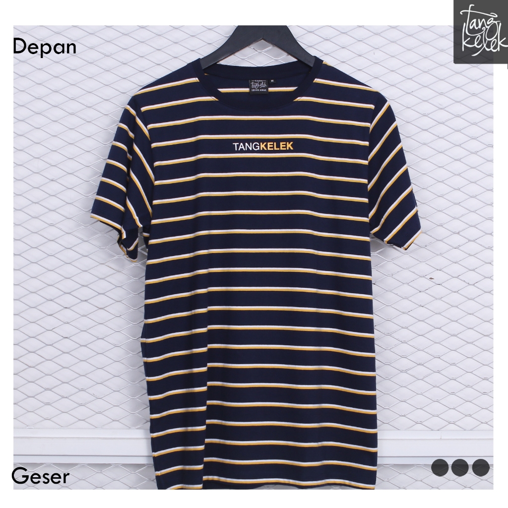 Tangkelek Baju Kaos Salur Tangkelek Datar Warna Navy Kombinasi Putih Kuning