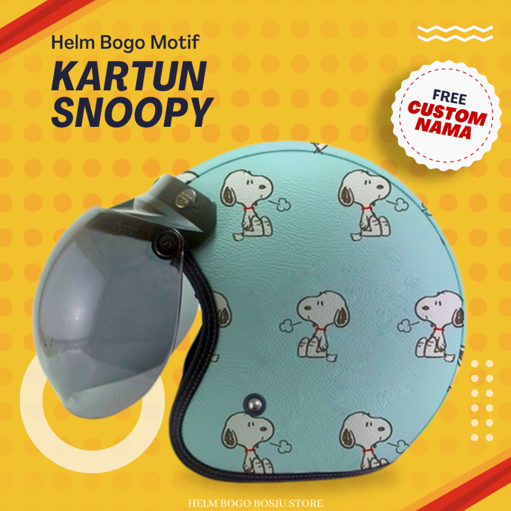 Helm Bogo Motif Kartun Snoopy | Custom Warna Nama | Helem Retro Klasik Anak Cewek Wanita Remaja Dewa