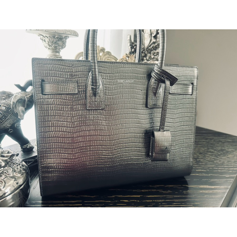Authentic YSL Silver Lizard Embossed Leather Baby Sac de Jour Bag Graphite Nero