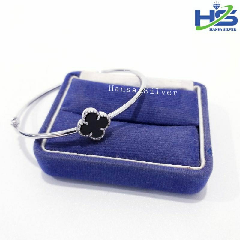 Gelang Perak Asli Silver 925 Lapis Emas Putih Bangle Bunga Batu Hitam - Gelang Tangan Anti Karat