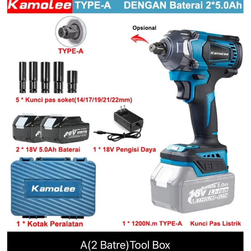 Kamolee 1200Nm Brushless Impact Wrench 2 BATRE DTW500 Kunci Pas Listrik