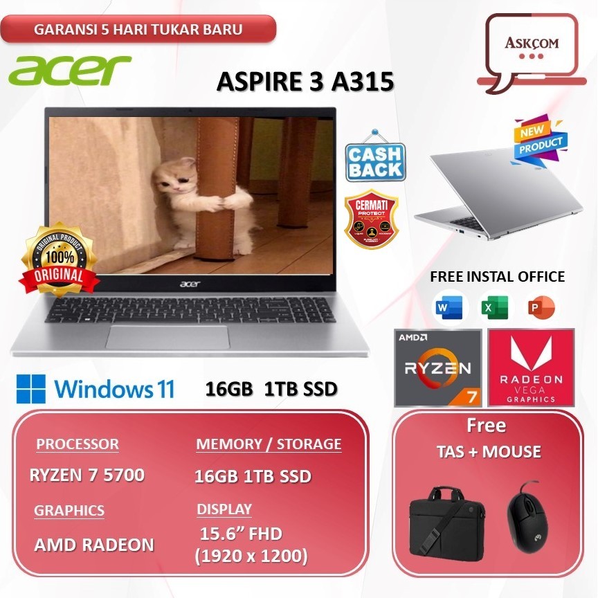 Laptop Acer Aspire 3 A315 RYZEN 7 5700 16GB 1TB SSD W11 15.6FHD