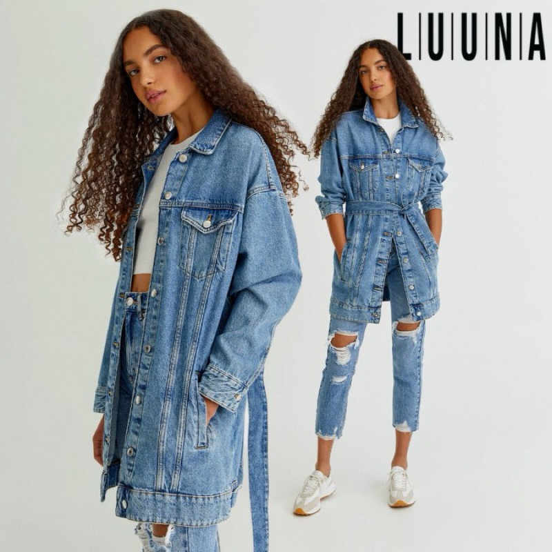 Jaket Jeans Wanita Pull & Bear ll Long belted denim jacket