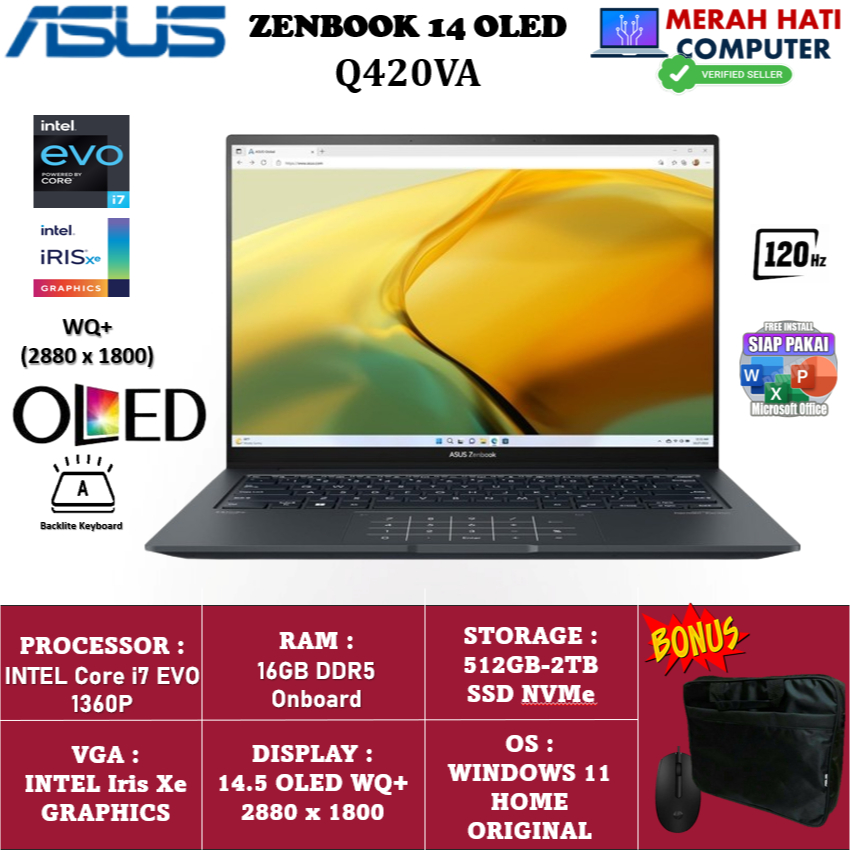 ASUS ZENBOOK 14X OLED Q420VA INTEL i7 13700H 16GB DDR5 2TB SSD 14.5 OLED WQ+ 2.8K 120Hertz Touch Win
