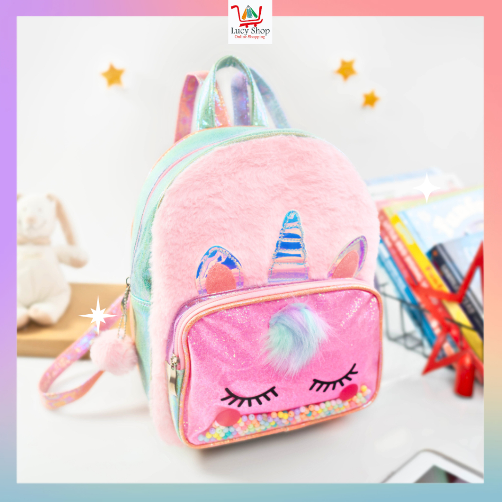 Tas Sekolah Ransel Besar Anak SD TK Remaja Perempuan Fashion Unicorn Sparkling Bulu Impor Korea Anti