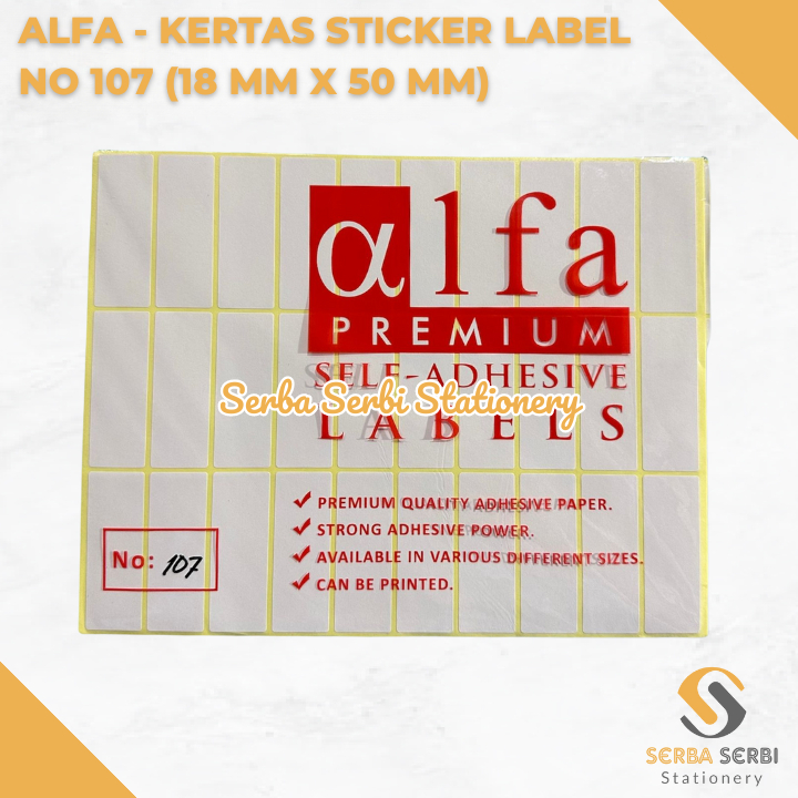 

GROSIR (1 PAK ISI 7 LEMBAR) ALFA - KERTAS STICKER / STIKER LABEL HARGA / NAMA / UNDANGAN NO 107 (18 MM X 50 MM)