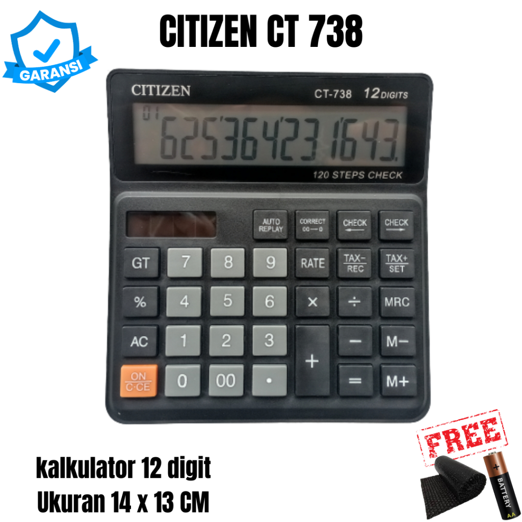 

Kalkulator CT 738 Tax Pajak Big Display 12 Digit 120 Step Check Correct 14cm x 13cm Toko Kasir