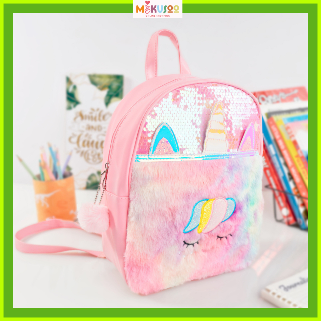 Mikusoo Tas Sekolah Ransel Besar Anak SD TK Remaja Fashion Unicorn Bulu Rainbow Impor Korea Anti Air