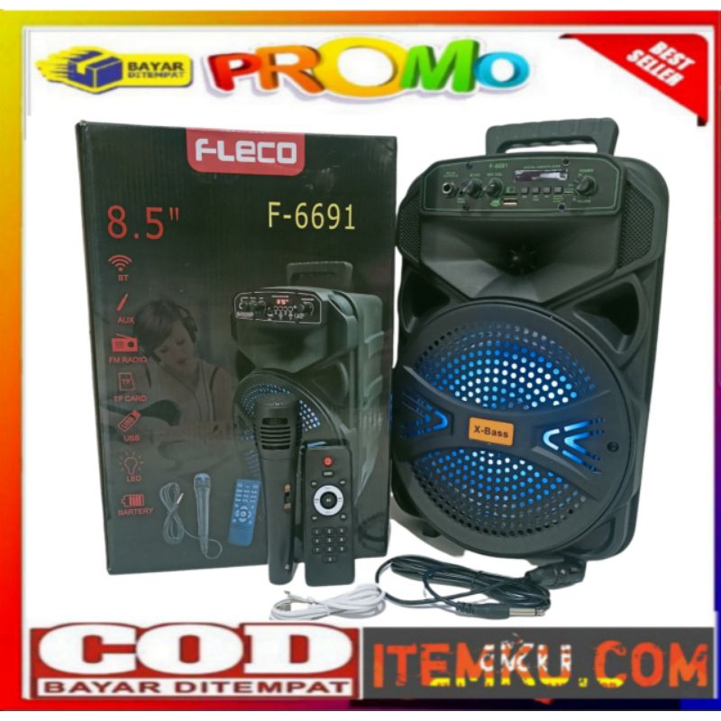 Speaker Bluetooth Karaoke Wireless Fleco F-6691 LED 8,5 Inchi Gratis Microphone Dan Remot Super Bass
