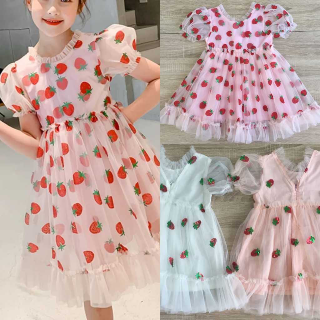 Dress strawberry anak pink tule import gaun pesta lengan balon impor