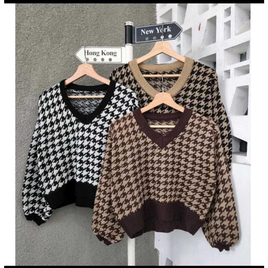 NunuLisaTan - Sweater Crop Rajut Motif Houndstooth Korea Dan CROP TOP