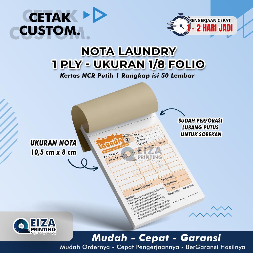 

[Ukuran 1/8 Folio 1 ply] Cetak Nota Laundry 1 ply / Cetak Nota Custom 1 rangkap