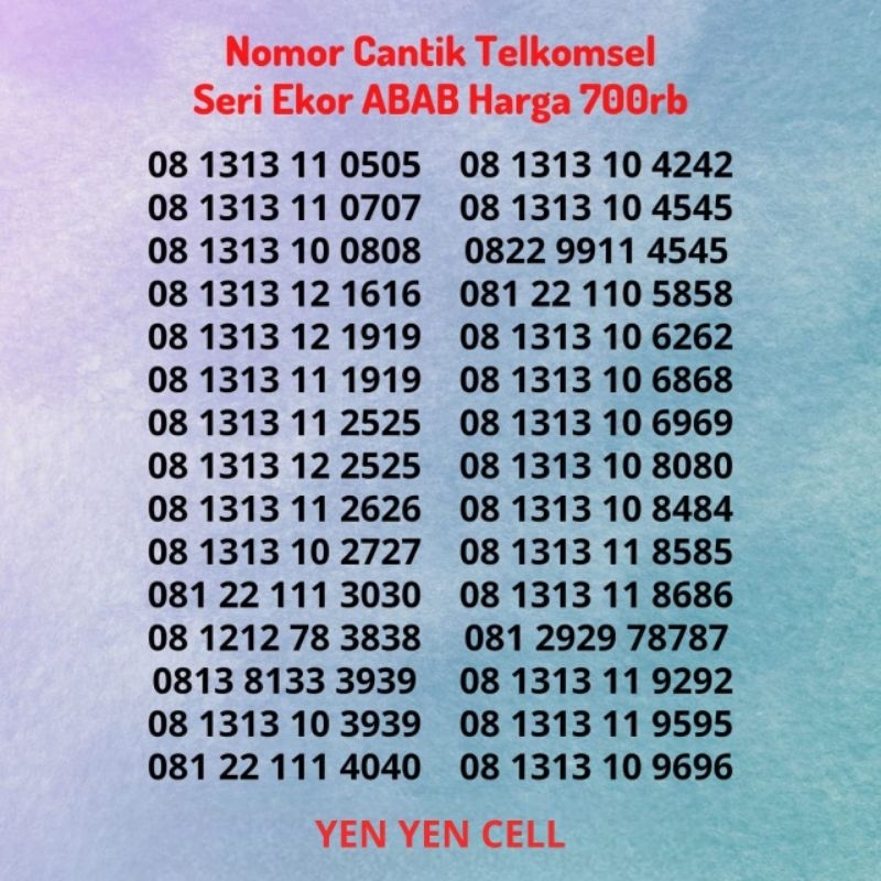 Nomor Cantik Simpati Kartu Perdana Telkomsel Seri Akhiran Ekor ABAB Belakang Versi @700K Buntut 0707