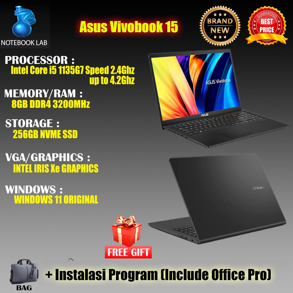 laptop asus vivobook 15 core i5 1135g7 speed 2.4ghz up to 4.2ghz ram 8gb ssd 256gb windows 11 original