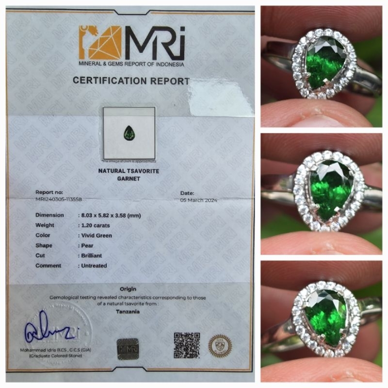 Natural HQ Vivid Green Tsavorite Garnet Lady Ring Sertifikat 1.20 crt